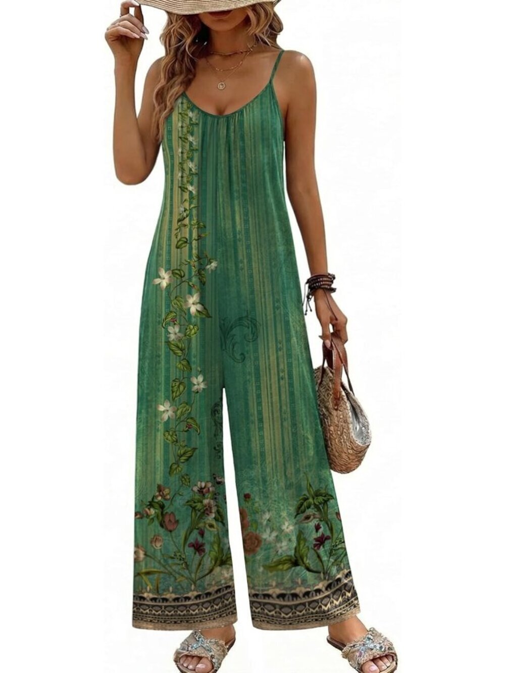Women's Jumpsuits Floral Ice Green Wide Leg Sleeveless Outfit Romper with Pocket